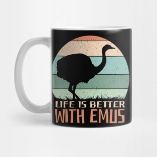 emu with a retro sunset background and the quote "Life is better with emus" Best emu lovers gift Mug